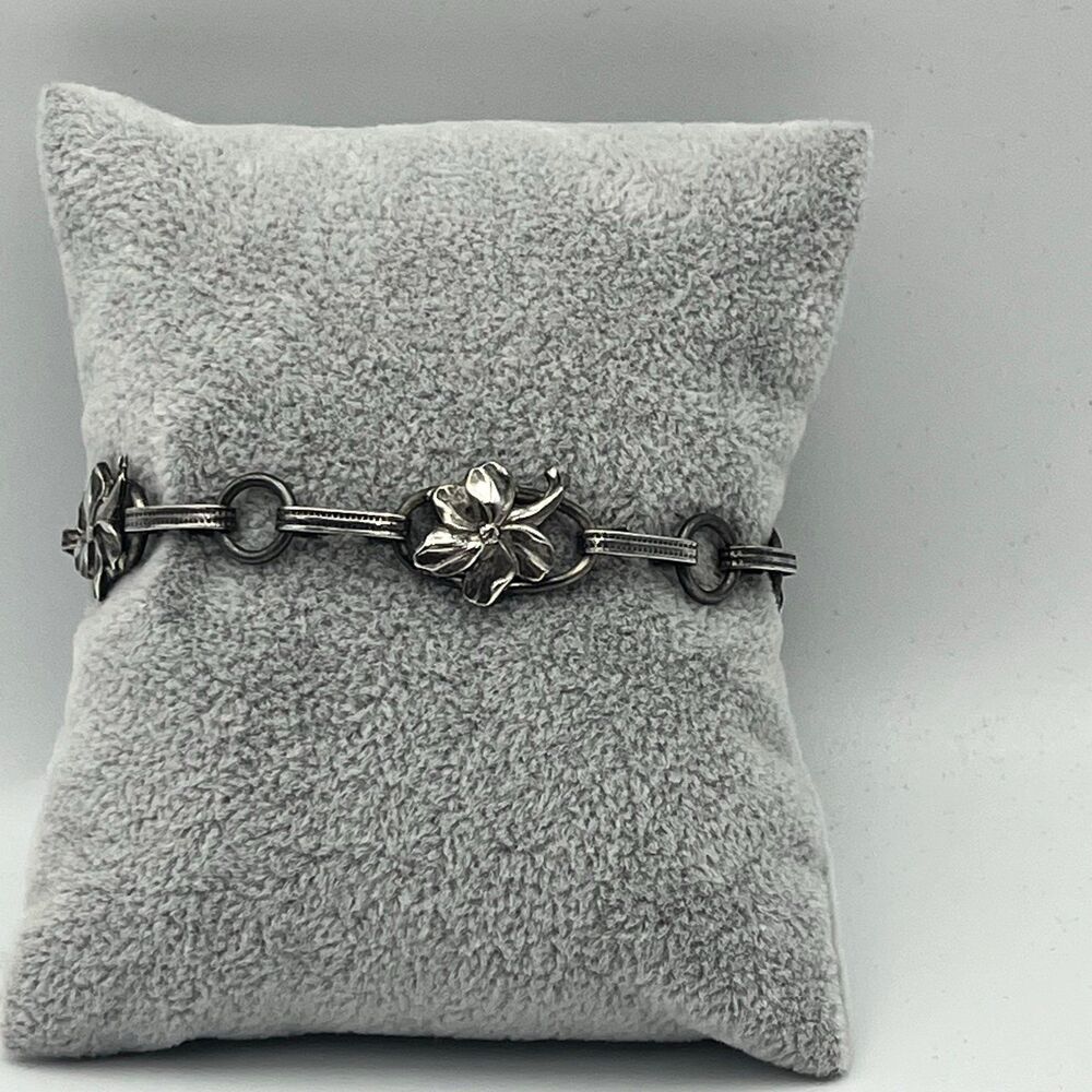 Vintage 1940s art deco Sterling silver plumeria chain link Bracelet - Picture 2 of 10